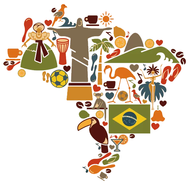 Illustration of Brazil's map filled with cultural symbols: Christ the Redeemer, a toucan, football, coffee and music
